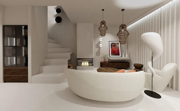 Wnętrze w stylu boho i japandi z białą sofą, drewnianymi akcentami i nowoczesnym kominkiem.