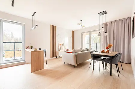 Wnętrze salonu w stylu minimaluxe z nowoczesnym umeblowaniem, soft minimalizm i współczesnym designem.
