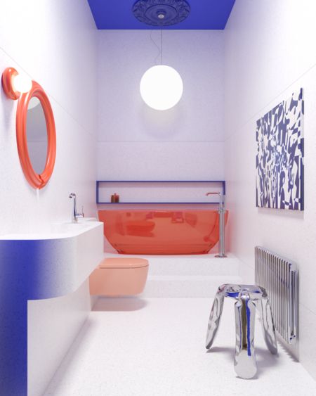 Wnętrze łazienki z pomarańczową wanną i niebieskim sufitem, styl dopamine decor.