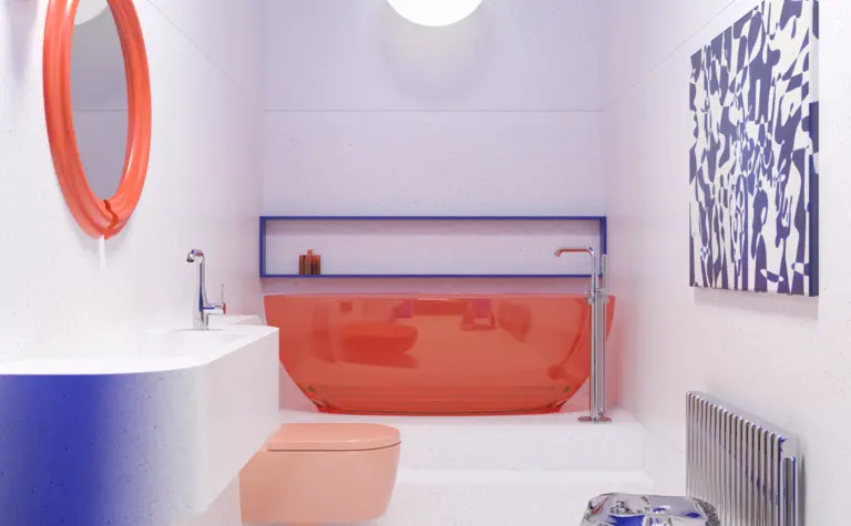 Wnętrze łazienki z pomarańczową wanną i niebieskim sufitem, styl dopamine decor.