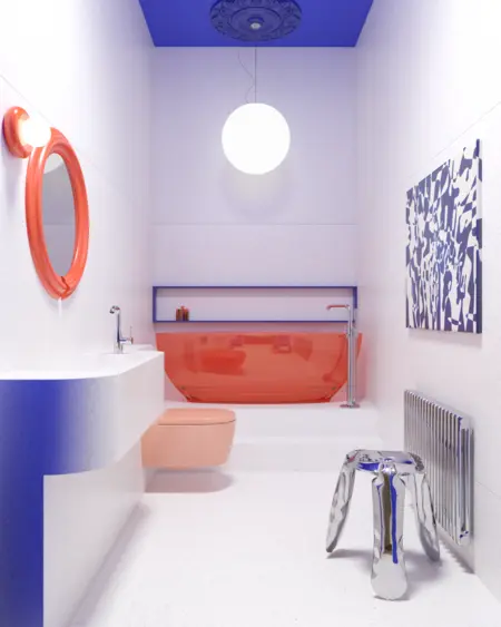 Wnętrze łazienki z pomarańczową wanną i niebieskim sufitem, styl dopamine decor.