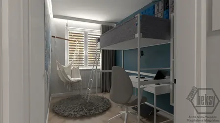 Wnętrze pokoju dziecięcego w stylu japandi, minimalistycznym, skandynawskim z biurkiem.