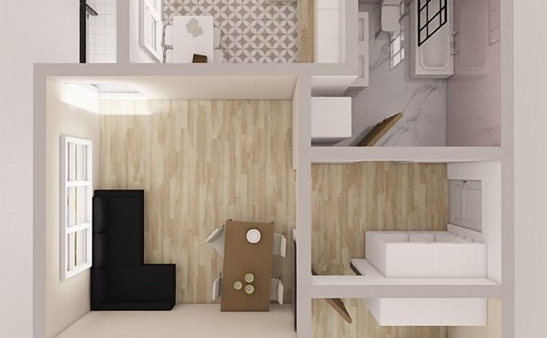 Wnętrze kuchni z białymi meblami, drewnianą podłogą i glamour akcentami.