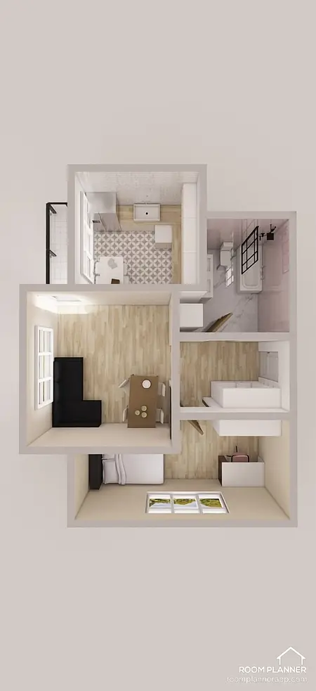 Wnętrze kuchni z białymi meblami, drewnianą podłogą i glamour akcentami.