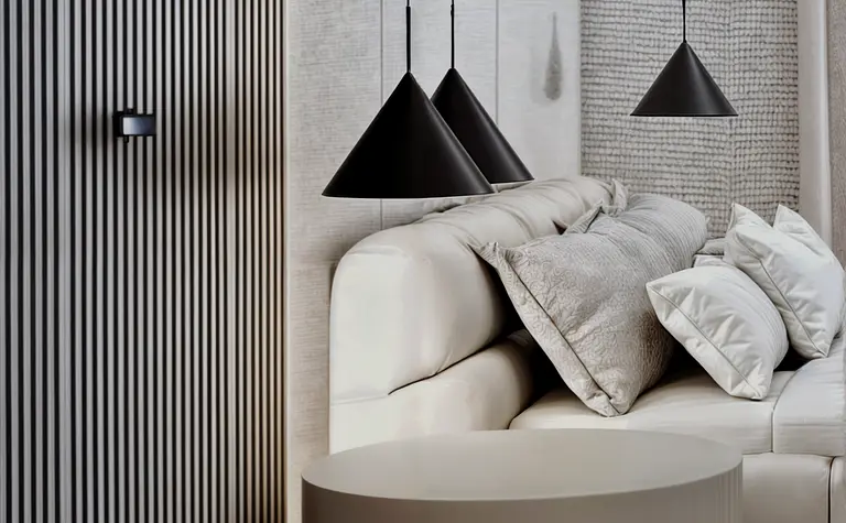 Wnętrze salonu w stylu minimalistycznym z białą sofą, czarnymi lampami i nowoczesnym stołem.