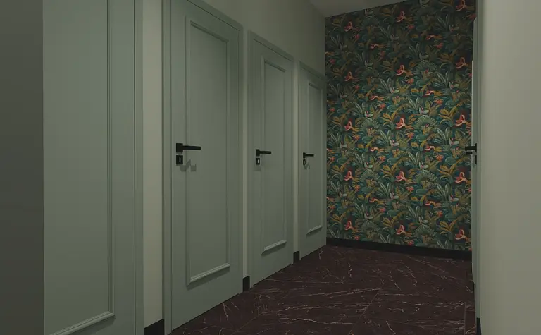 Przedpokój z eklektycznym stylem, zielona tapeta oraz szare drzwi.