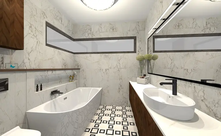 Współczesna łazienka z nowoczesną wanną, umywalką i marmurowymi ścianami.