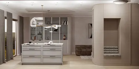 Wnętrze kuchni z elementami art deco, glamour i japandi.