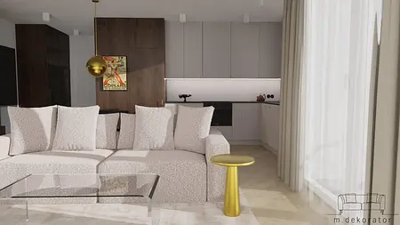 Wnętrze nowoczesnego salonu z beżową sofą, drewnianymi detalami i minimalistycznym stylem.