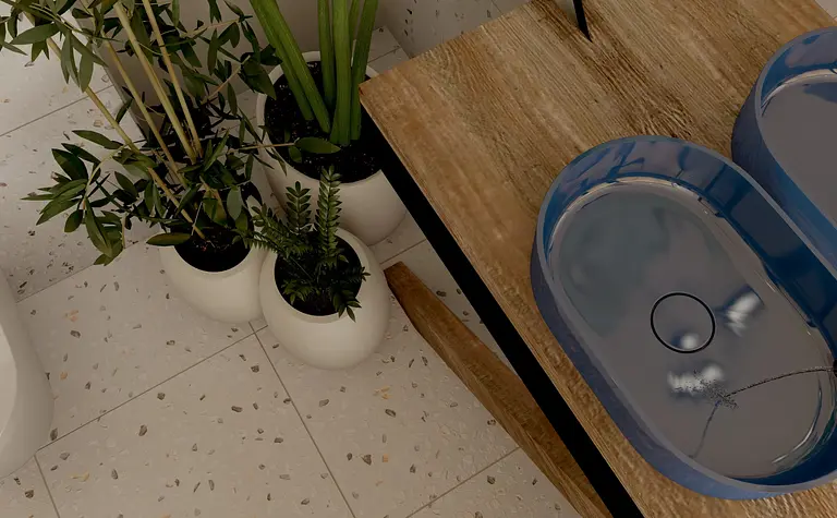 Wnętrze łazienki z roślinami i drewnianą umywalką w stylu dopamine decor i eklektycznym.