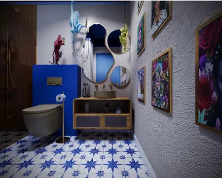 Wnętrze łazienki w stylu art deco z niebieskimi akcentami i drewnianymi elementami