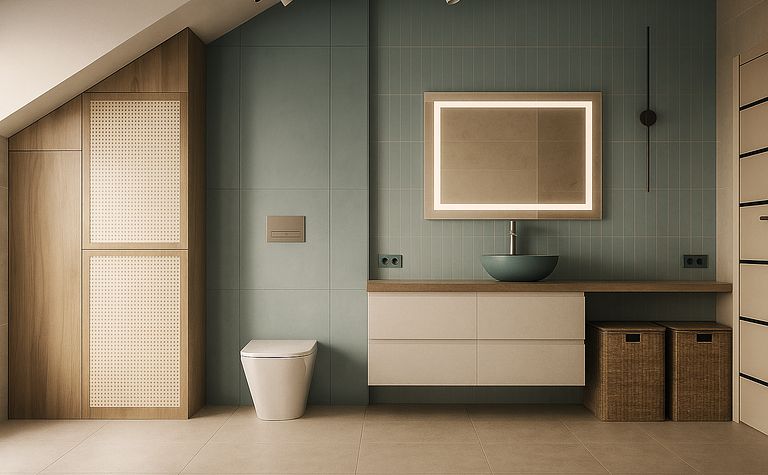 Stylowa łazienka z niebieskimi płytkami, drewnianymi elementami, minimalistycznym designem.