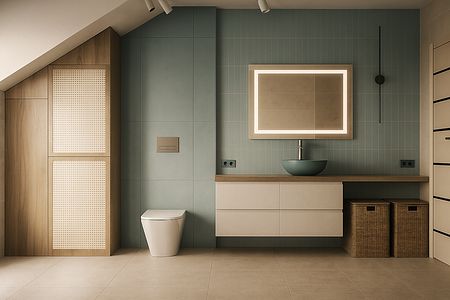 Stylowa łazienka z niebieskimi płytkami, drewnianymi elementami, minimalistycznym designem.