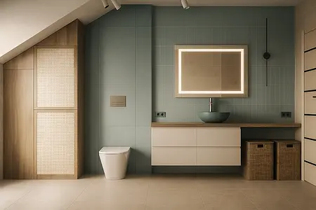 Stylowa łazienka z niebieskimi płytkami, drewnianymi elementami, minimalistycznym designem.