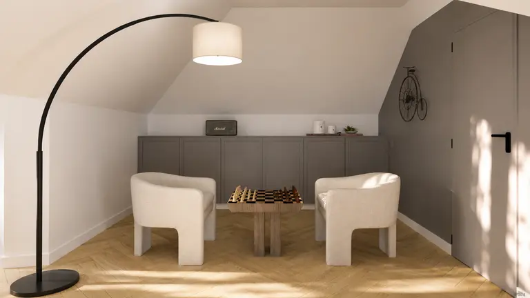 Poddasze z szarymi meblami i eleganckim oświetleniem, styl quiet luxury i soft minimalizm