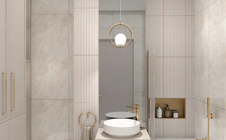 Nowoczesna łazienka glamour z białą umywalką i złotymi detalami.