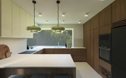 Kuchnia w stylu japandi i minimalistycznym z brązowymi meblami.