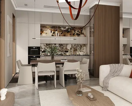 Wnętrze jadalni w stylu art deco i minimalistycznym z drewnianym stołem.