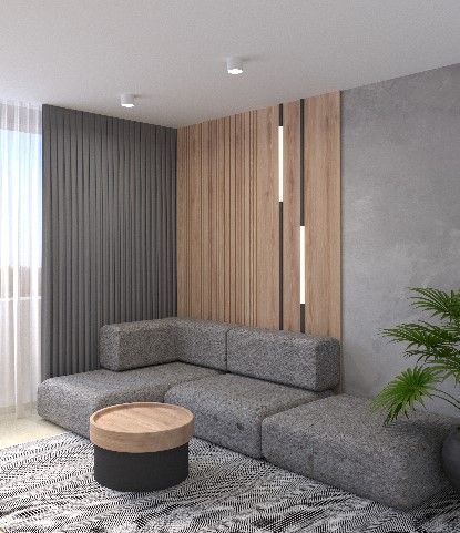 Współczesny salon z szarym narożnikiem i drewnianymi detalami