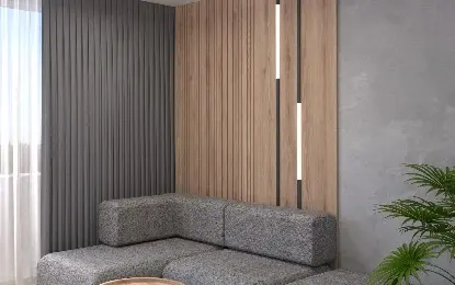 Współczesny salon z szarym narożnikiem i drewnianymi detalami