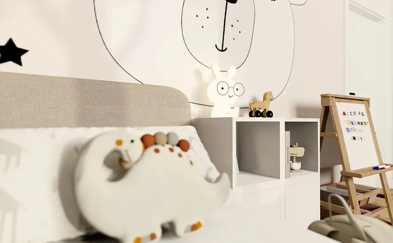 Pokój dziecięcy z białymi meblami, skandynawskim stylem i nowoczesnym wystrojem.