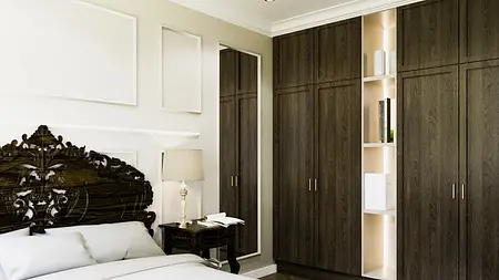Sypialnia w stylu art deco, eklektycznym i minimalistycznym z ciemnymi meblami i jasnymi detalami.