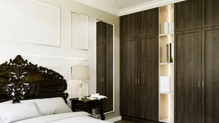 Sypialnia w stylu art deco, eklektycznym i minimalistycznym z ciemnymi meblami i jasnymi detalami.