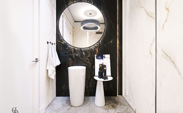 Nowoczesna łazienka z elementami glamour i quiet luxury.