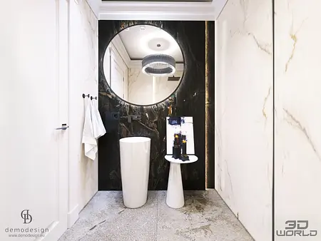 Nowoczesna łazienka z elementami glamour i quiet luxury.