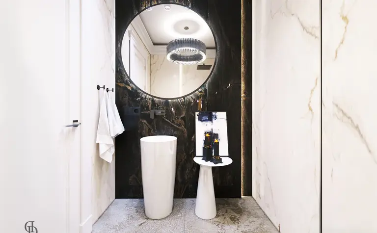 Nowoczesna łazienka z elementami glamour i quiet luxury.