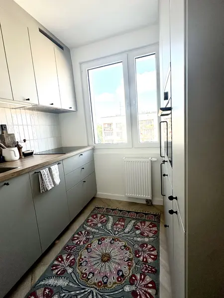 Kuchnia w stylu boho, eklektycznym i skandynawskim z szarymi meblami i kolorowym dywanem.