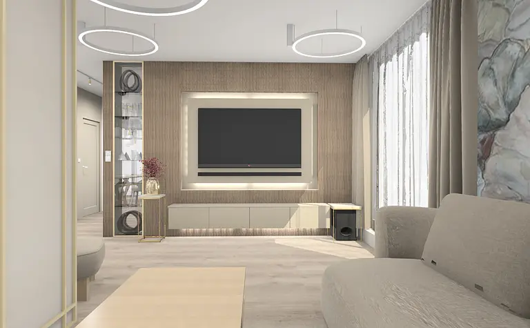 Wnętrze salonu w stylu glamour z beżową sofą i drewnianą dekoracją.