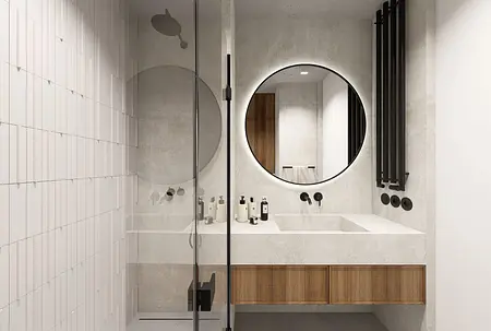 Nowoczesna łazienka z minimalistycznym designem, industrialnymi detalami.