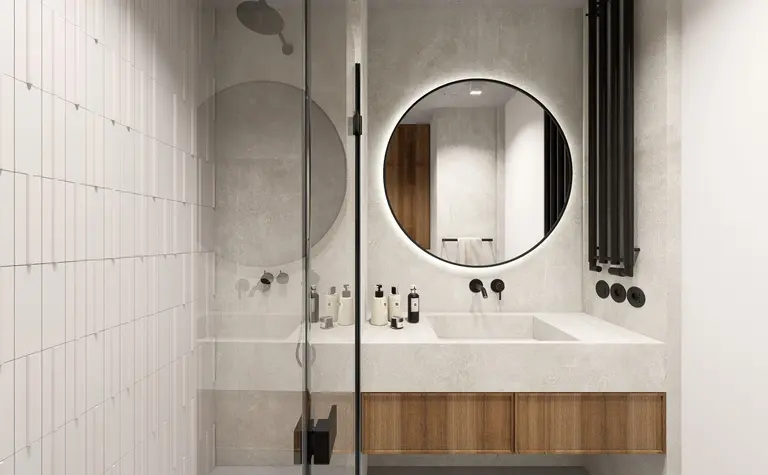 Nowoczesna łazienka z minimalistycznym designem, industrialnymi detalami.