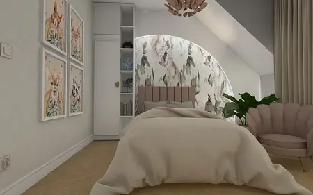 Wnętrze sypialni z różową kanapą i kwiatową tapetą w stylu glamour i nowoczesnym.