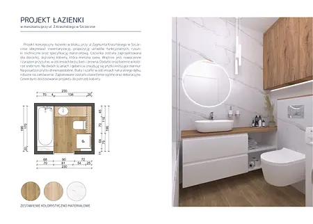 Nowoczesna łazienka z drewnianymi meblami i białymi akcentami, minimalistyczny i współczesny design.