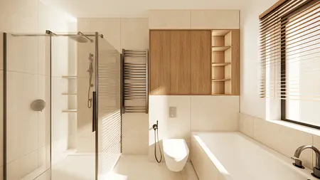 Nowoczesna łazienka w stylu skandynawskim z drewnem i minimalistycznymi detalami