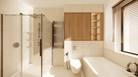 Nowoczesna łazienka w stylu skandynawskim z drewnem i minimalistycznymi detalami