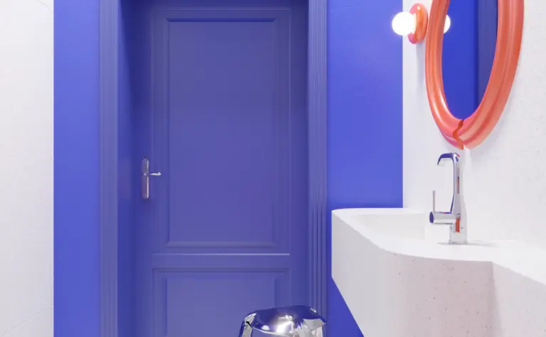 Nowoczesna łazienka z fioletowymi ścianami i białą umywalką w stylu dopamine decor.