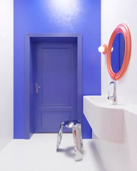 Nowoczesna łazienka z fioletowymi ścianami i białą umywalką w stylu dopamine decor.