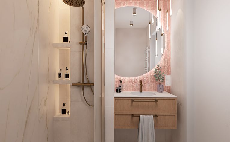 Nowoczesna łazienka w stylu art deco, glamour i minimalistycznym z okrągłym lustrem.