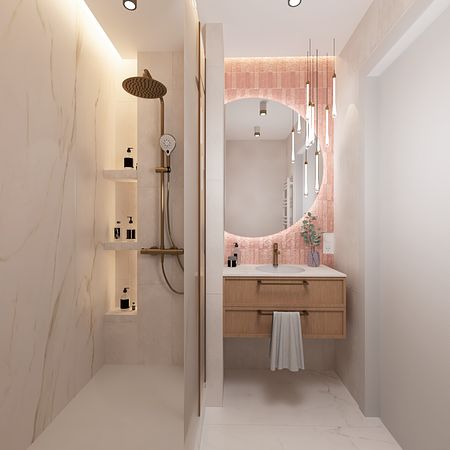 Nowoczesna łazienka w stylu art deco, glamour i minimalistycznym z okrągłym lustrem.