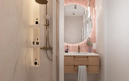 Nowoczesna łazienka w stylu art deco, glamour i minimalistycznym z okrągłym lustrem.