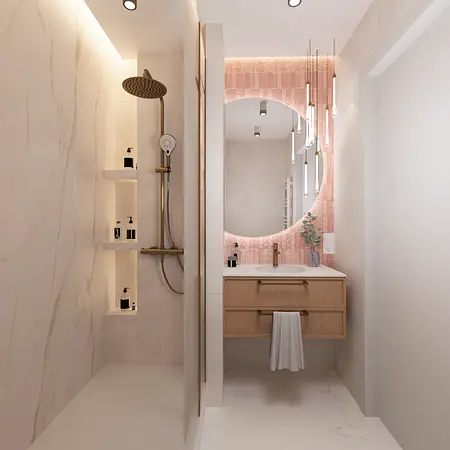 Nowoczesna łazienka w stylu art deco, glamour i minimalistycznym z okrągłym lustrem.