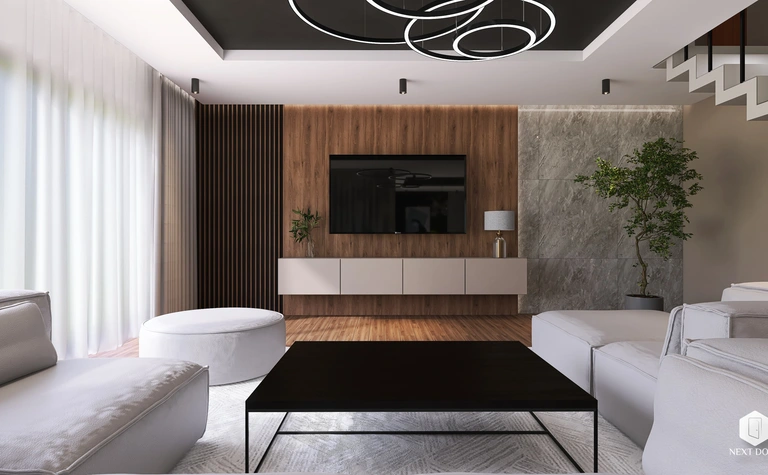 Wnętrze salonu z elementami quiet luxury, drewnianą ścianą i nowoczesnym oświetleniem.