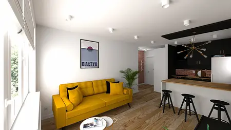 Stylowe wnętrze salonu z żółtą sofą i czarną kuchnią w stylu minimalistycznym i skandynawskim.