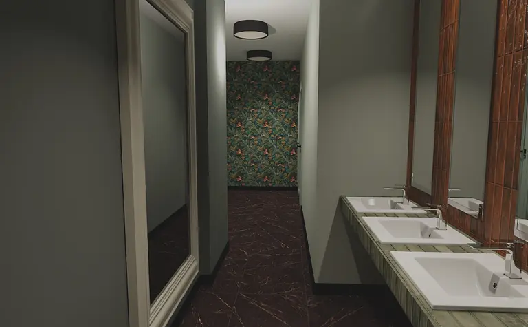 Wnętrze łazienki z umywalkami, lustrem i eklektyczną tapetą.