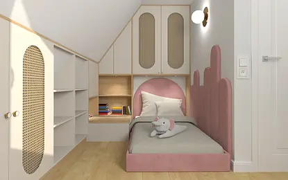 Pokój dziecięcy w stylu boho i nowoczesnym z różowym łóżkiem i półkami.