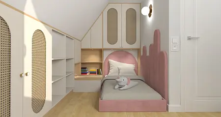 Pokój dziecięcy w stylu boho i nowoczesnym z różowym łóżkiem i półkami.