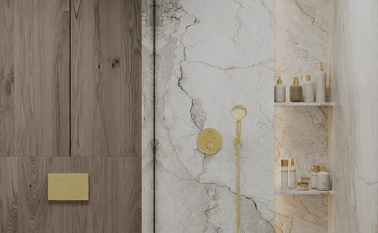 Nowoczesna łazienka z drewnem i marmurem, styl quiet luxury.